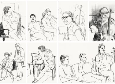 A series of line drawings of people doing activities