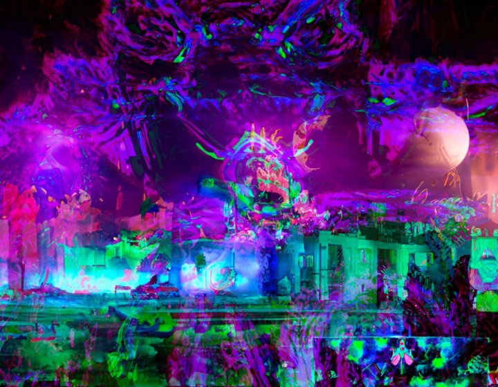 an AI generated image with lots of purple, green and blue colours
