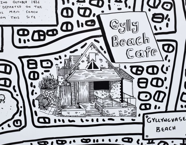 Crop of Falmouth University's Red Bull Doodle Art mural featuring Gylly Beach