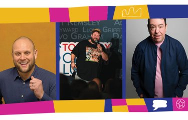 3 comedian headshots in a line inside a colourful illustrated template with different shapes and icons