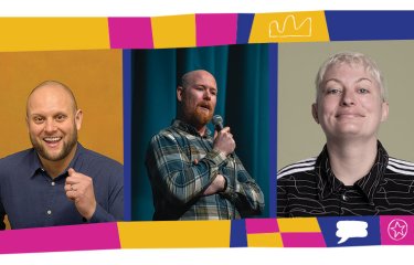 3 comedian headshots in a line inside a colourful illustrated template with different shapes and icons