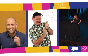 3 comedian headshots in a line inside a colourful illustrated template with different shapes and icons