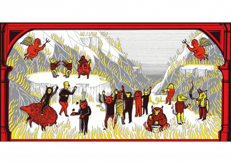 Folklore style illustration, creatures and fire in red, black and yello