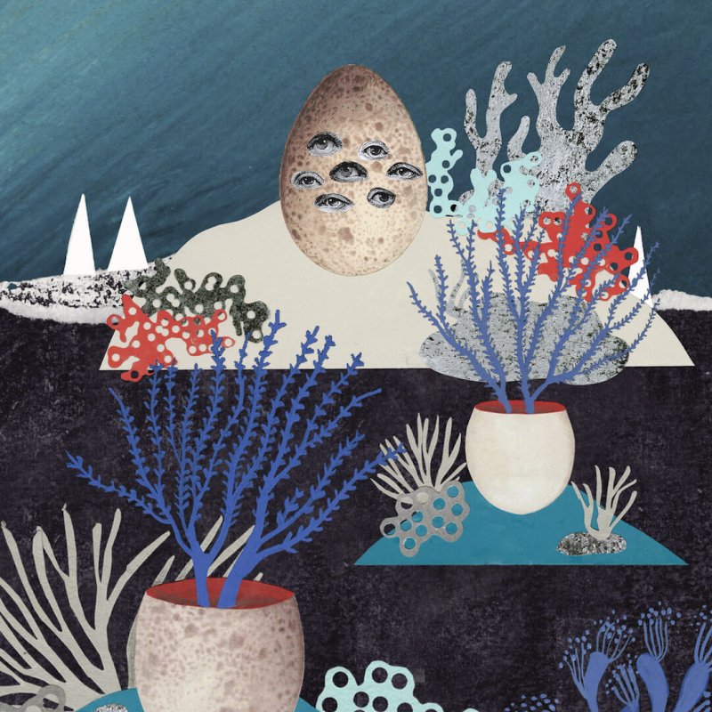 Underwater illustration. blue coloured plants and egg with multiple eyes, full moon.