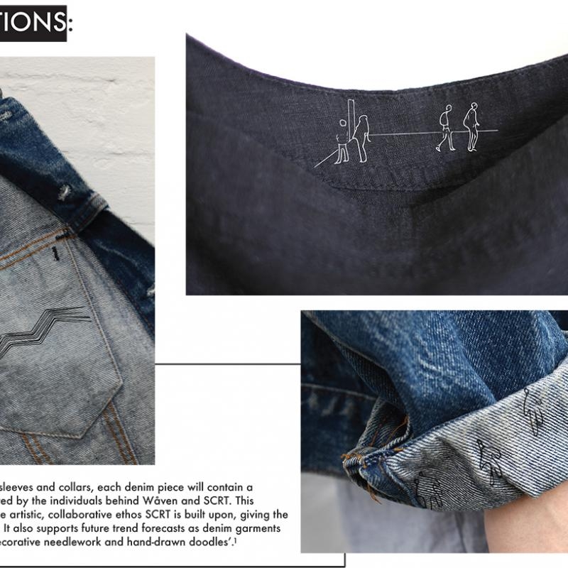 Details of inside denim jacket and illustrated sewing on cuff.