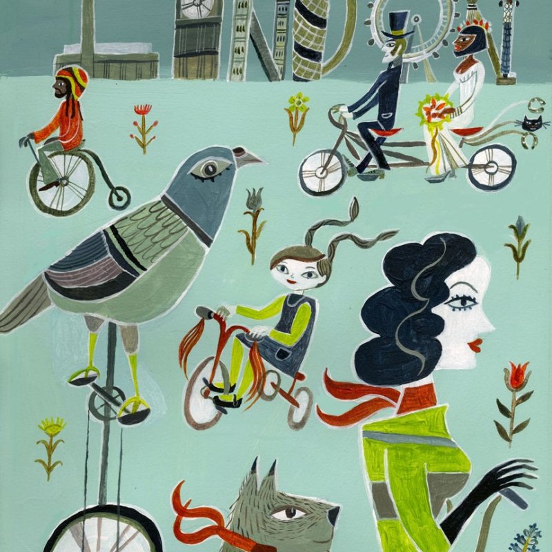 Artwork of London city scape with people on bikes