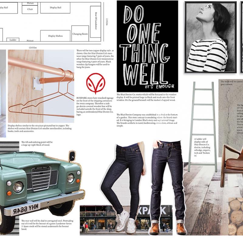 Mood board, shop layout, industrial shelving, jeans, brown leather chair.