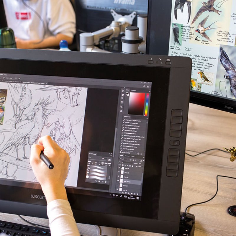 Game Art student drawing birds on a digital screen