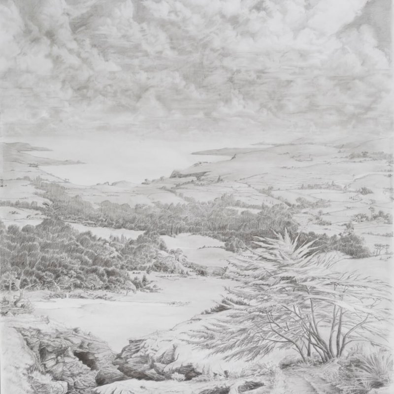 Detailed grayscale drawing of landscape and dramatic cloud sky.