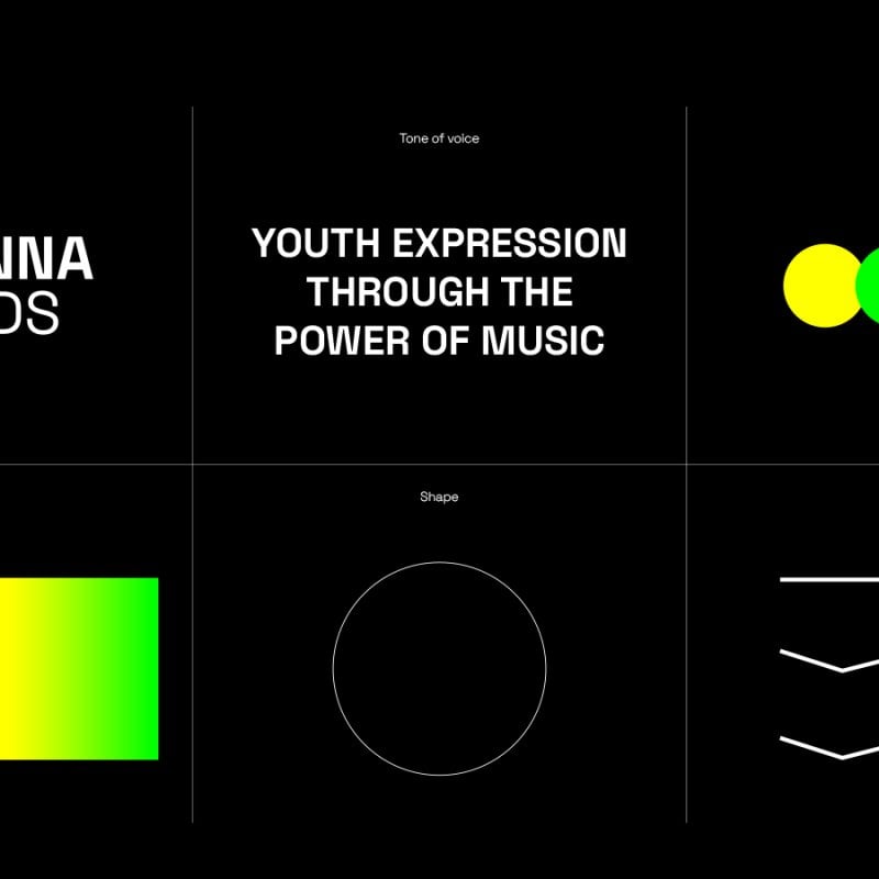 Concept designs for Kevrenna Records charity, showing white text logo and green and yellow colour scheme