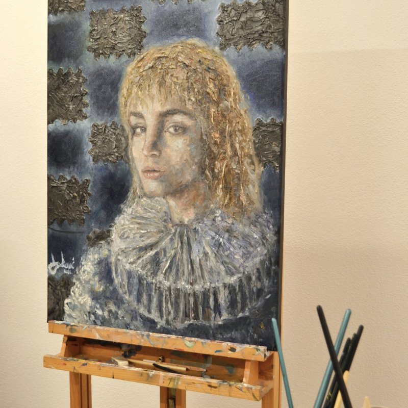 A painted portrait of a woman with curly blonde hair 
