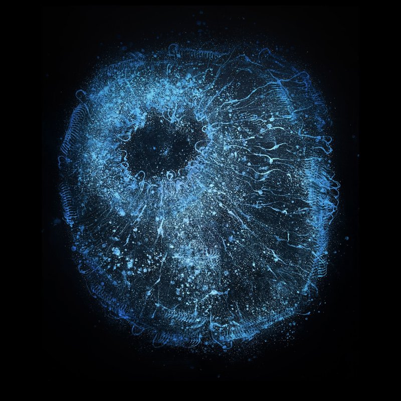An artwork comprising a large blue mark on a black background 