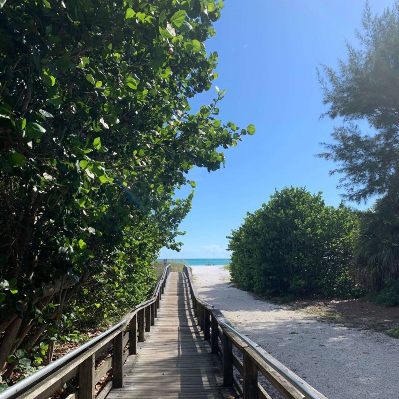 Photo of a wooden walkway with railings leading over the sand to the sea on a beach in Florida.