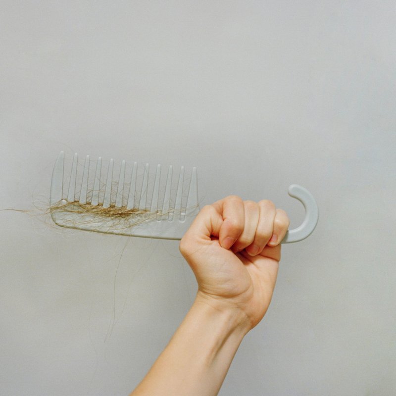 Photography: hand holding up a clear hair comb with hair in it