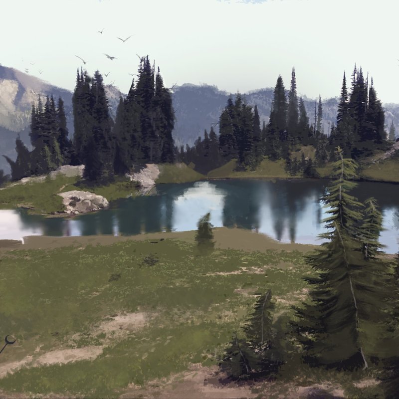 Game Art work depicting two characters standing before a forested lake