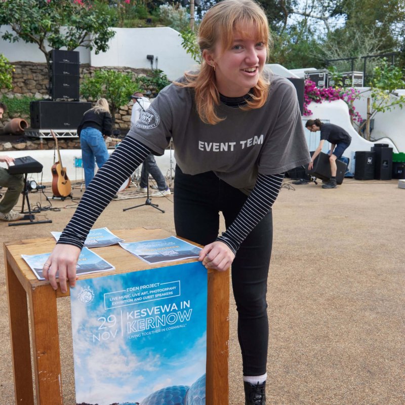Falmouth student wearing an event team t-shirt at the Eden Project