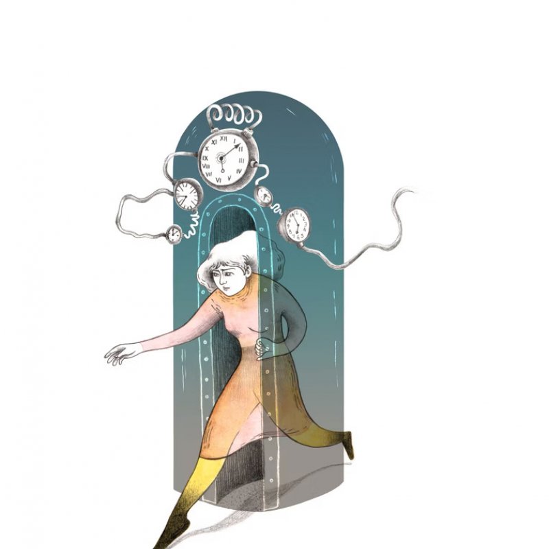 Illustration of a woman stepping through a time machine