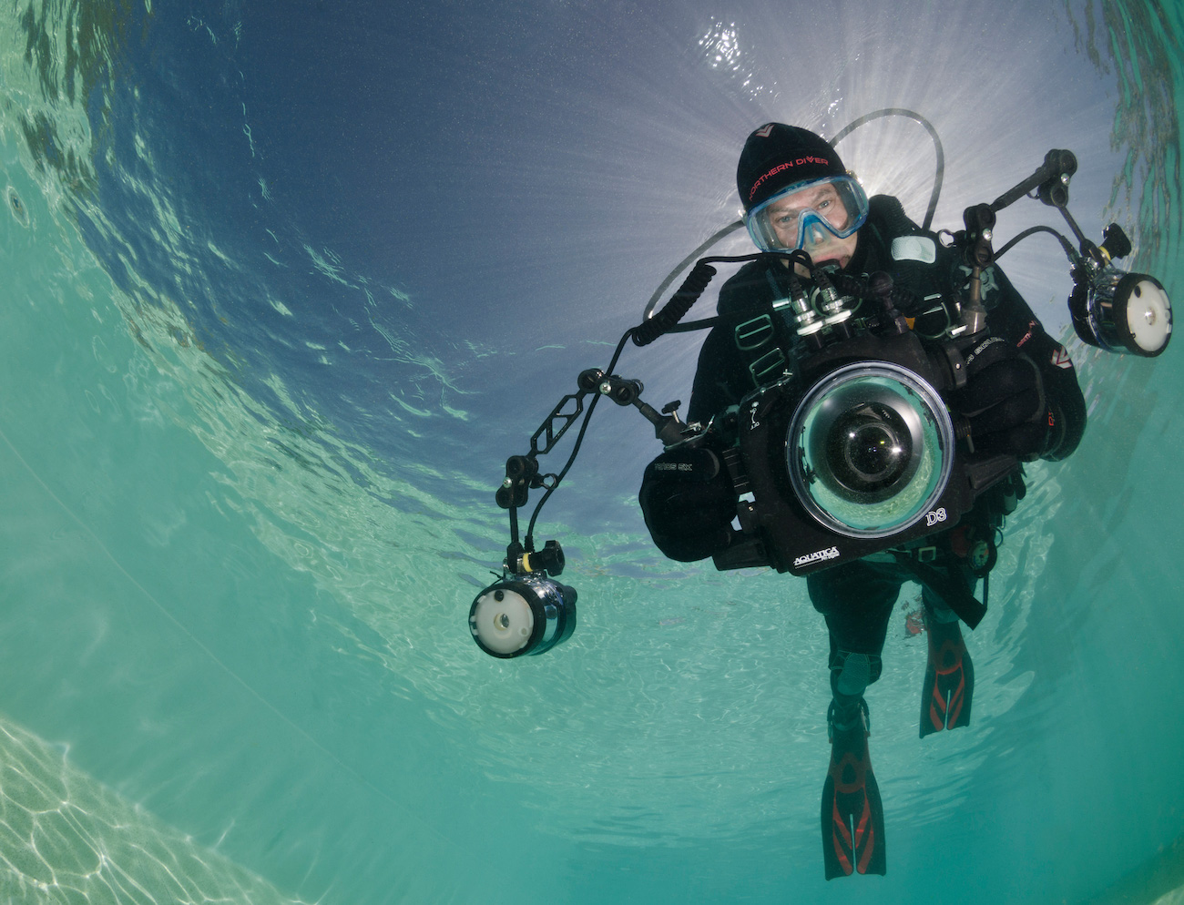 Falmouth University Marine Photography student underwater with diving gear and camera