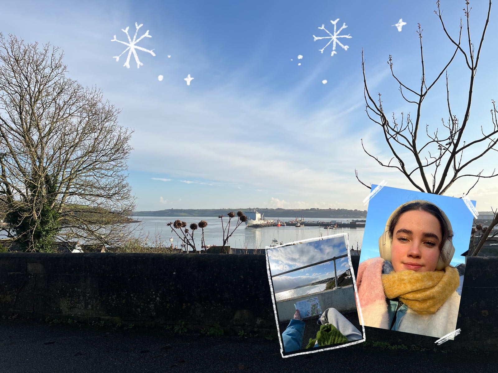 Student wearing headphone with sea and trees in the background
