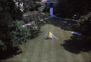 In the middle of a large lawn is a winged sculpture made by David Manley at Falmouth School of Art