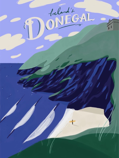 An illustration of a surfer on a beach