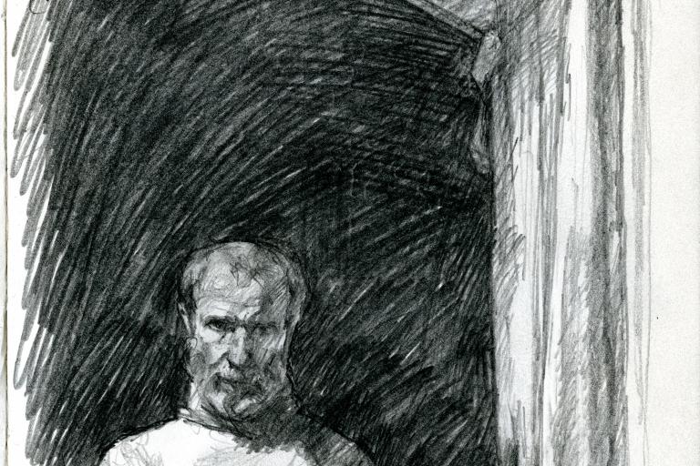 Black and white print of bearder man in doorway by artist Francis Hewlett