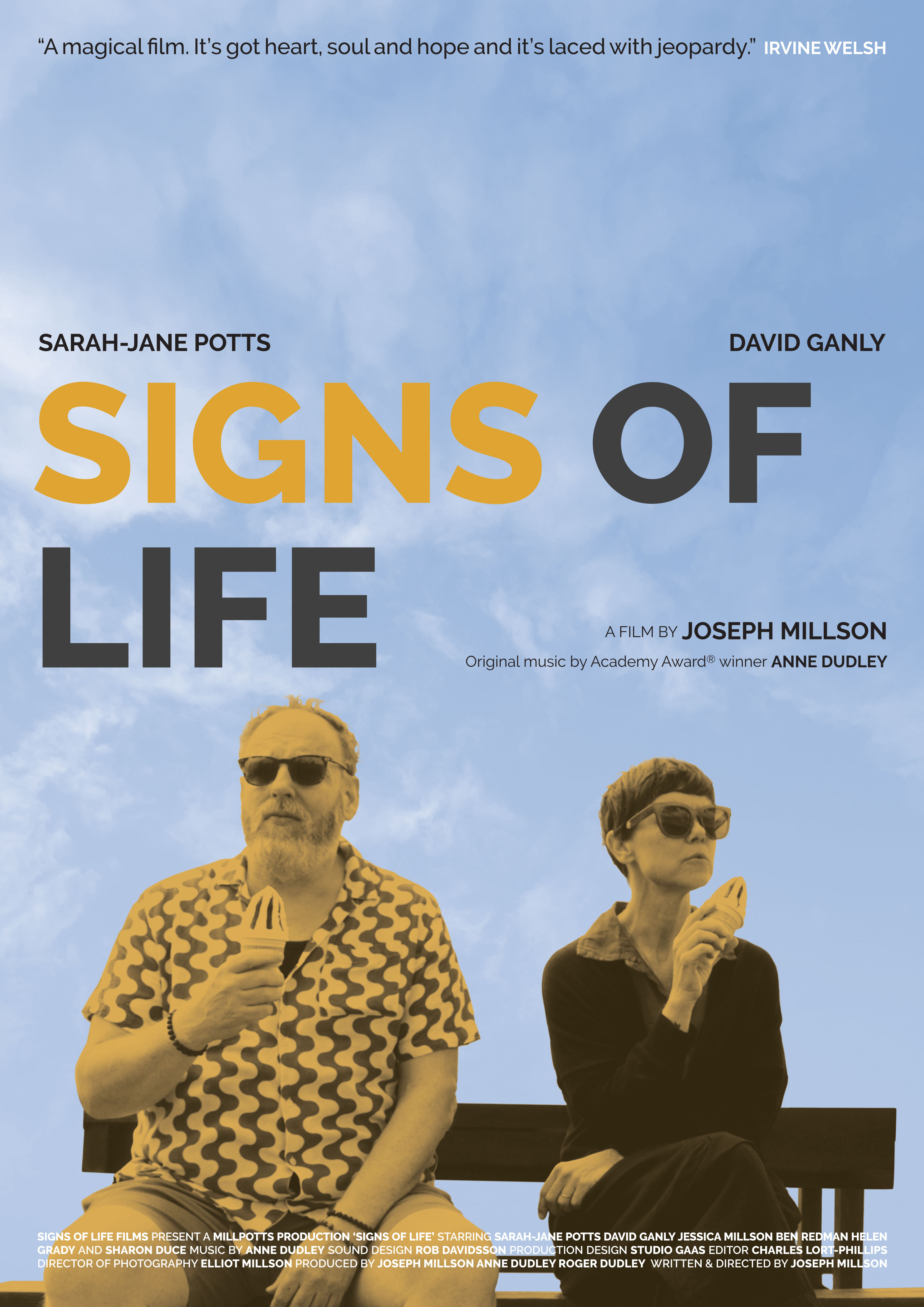 A film poster with two people sat against a blue sky background