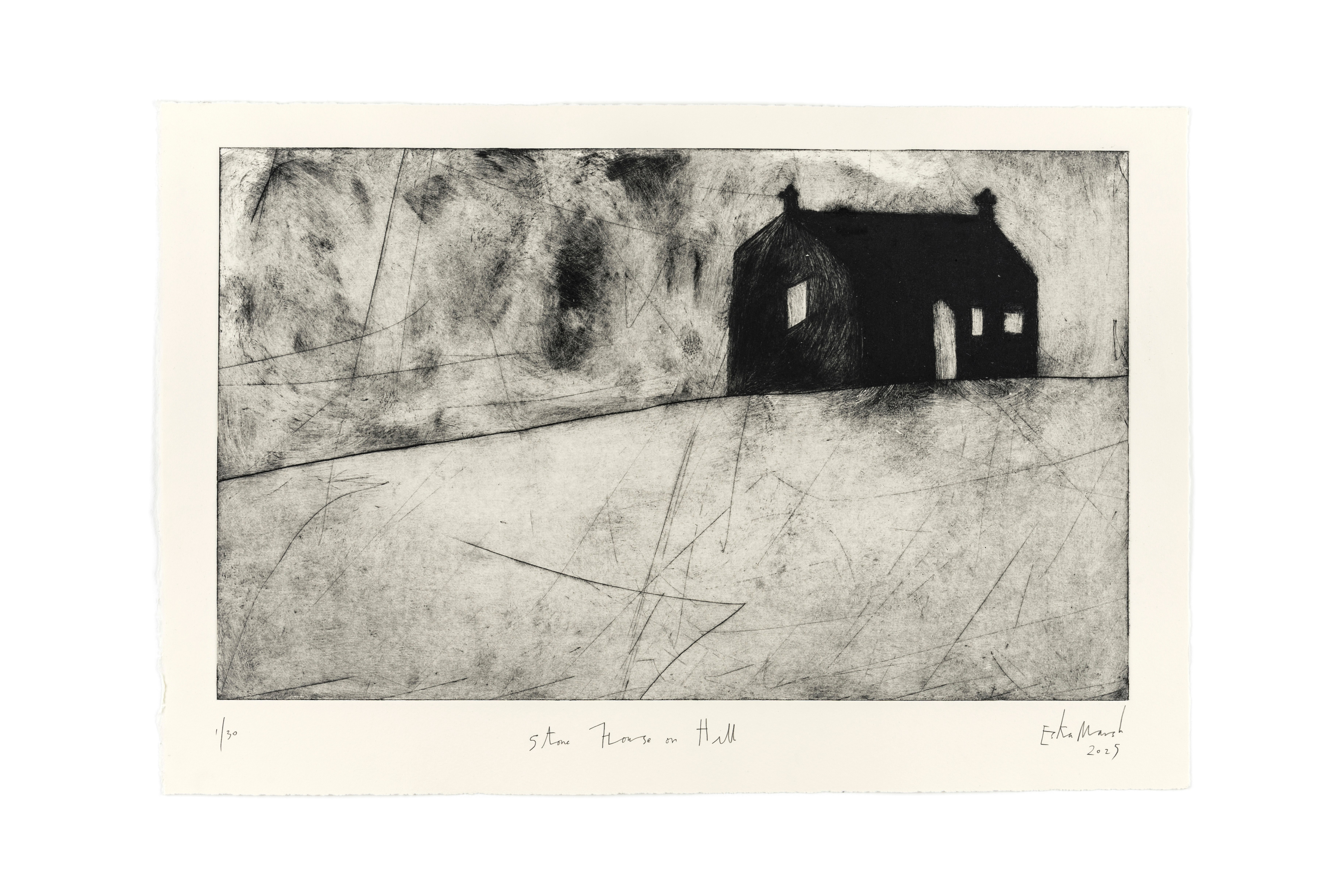 A print of a house on a hill 