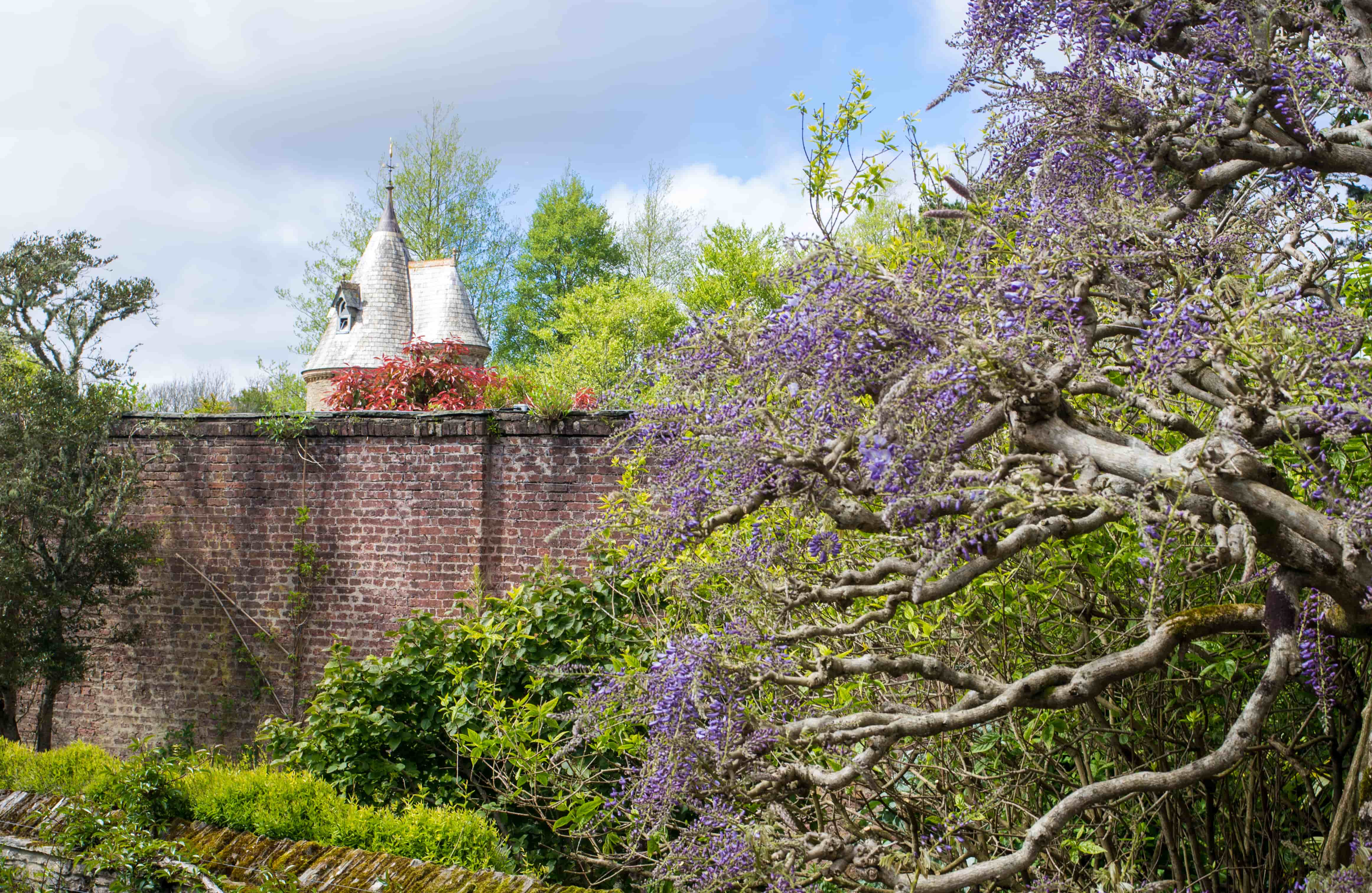 View of the walled garden and Gothic water tower at Trelissick, Cornwall