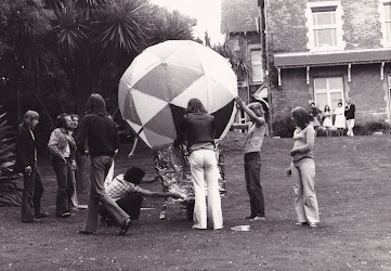 Students at Falmouth School of Art in the early 70s prep a 'polyhedral dome' for flight.  
