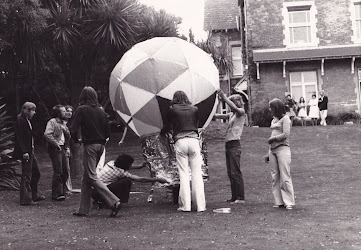 Students at Falmouth School of Art in the early 70s prep a 'polyhedral dome' for flight.