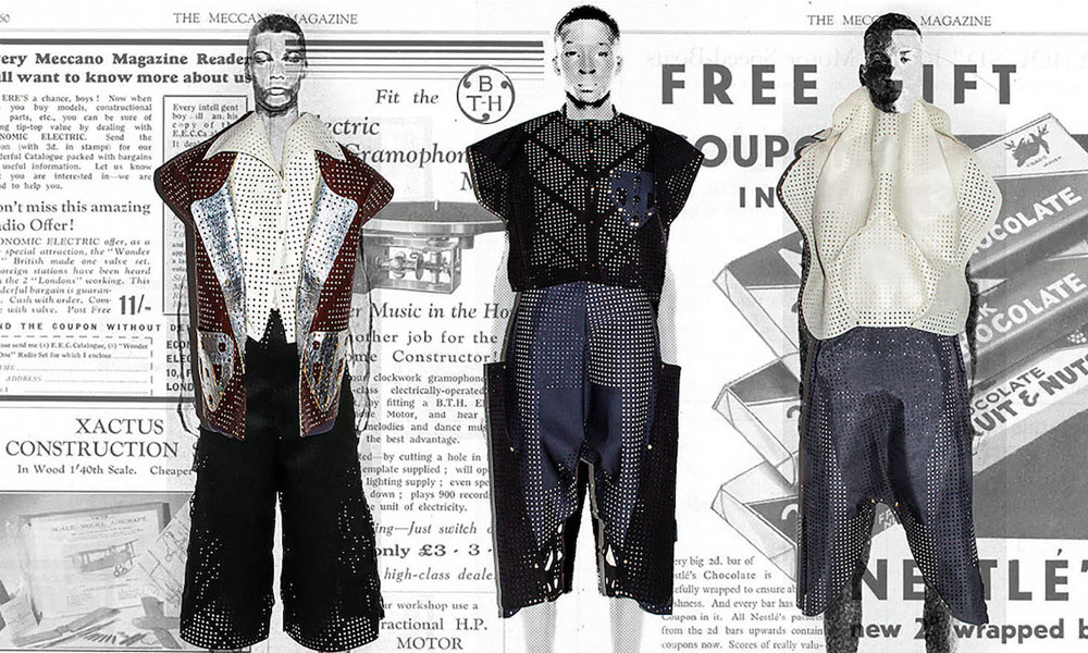 Drawing of three men wearing netted clothing with a newsprint background