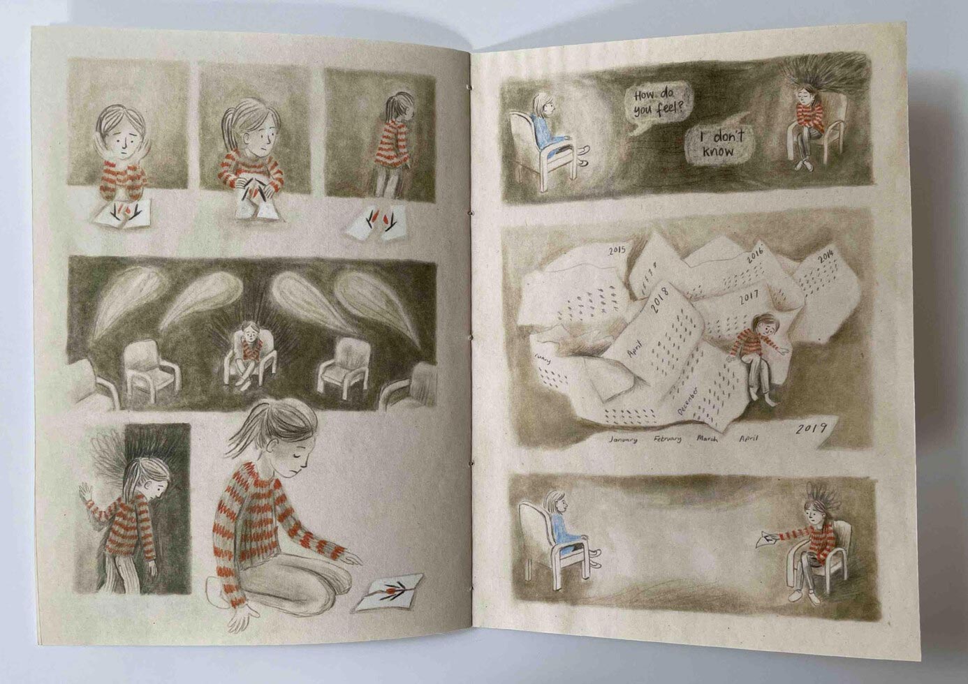 Double page spread from illustrated book by student Charlotte Cree depicting scenes of a young girl in therapy