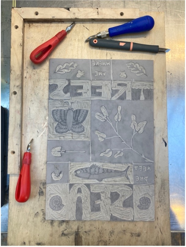 Lino print of fish