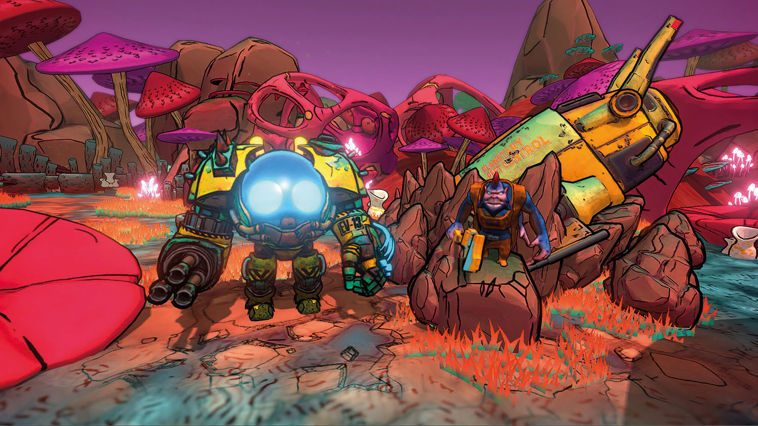 Animation of robot and monkey character in wasteland setting