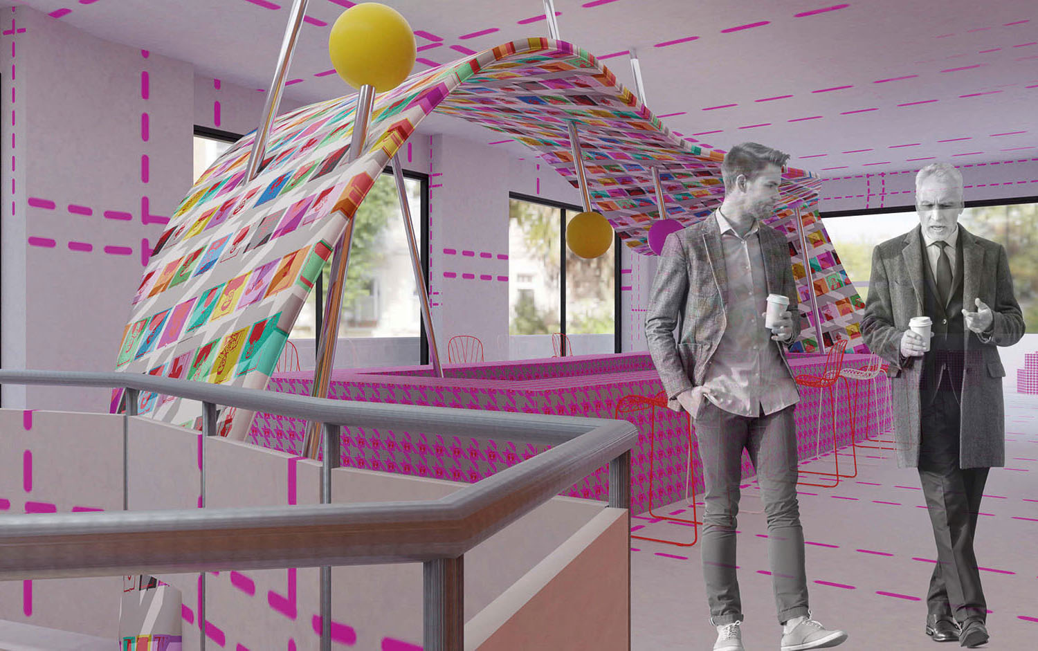 Two figures walking with coffee cups through digital interior