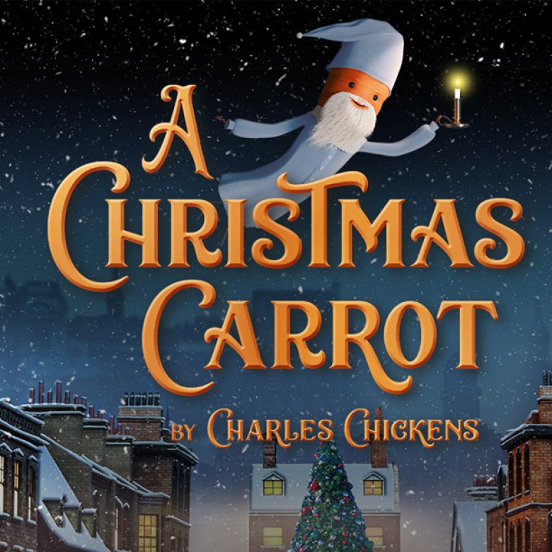 Animation of a carrot dressed in a night gown with 'A Christmas Carrot' text.