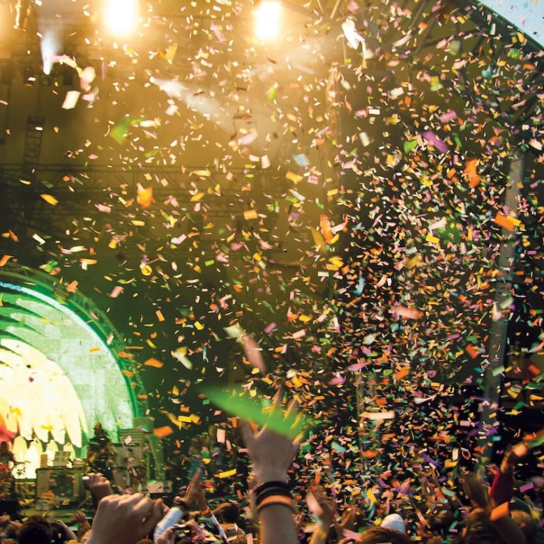 Dome stage at the Eden project, confetti flying through the air at a Flaming Lips gig.