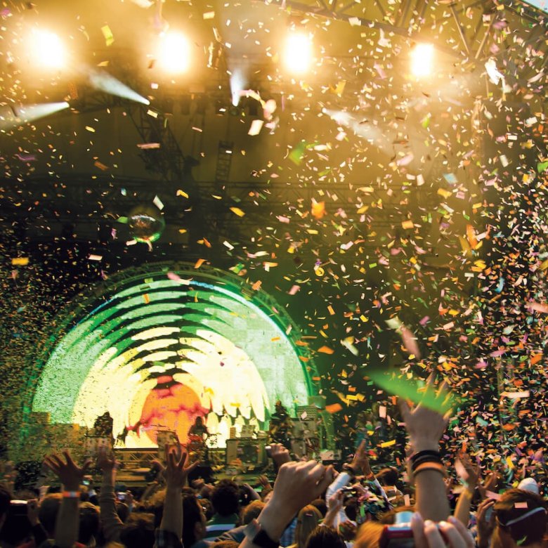 Dome stage at the Eden project, confetti flying through the air at a Flaming Lips gig.