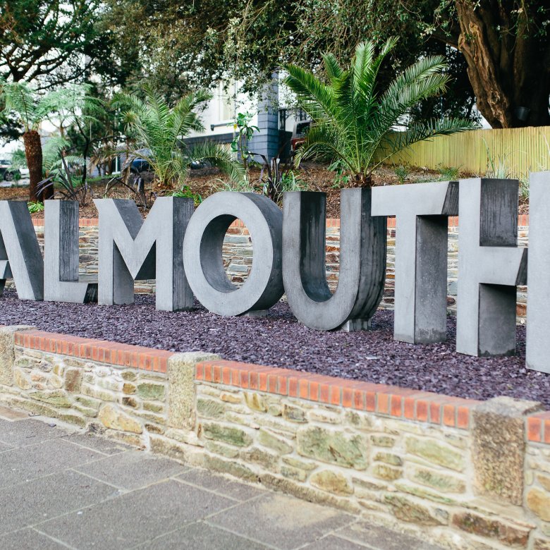 Large concrete letters spelling Falmouth.