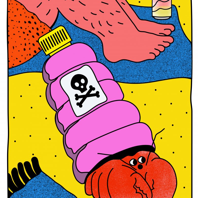 Illustration of hairy legs and a plastic bottle with a lobster coming out