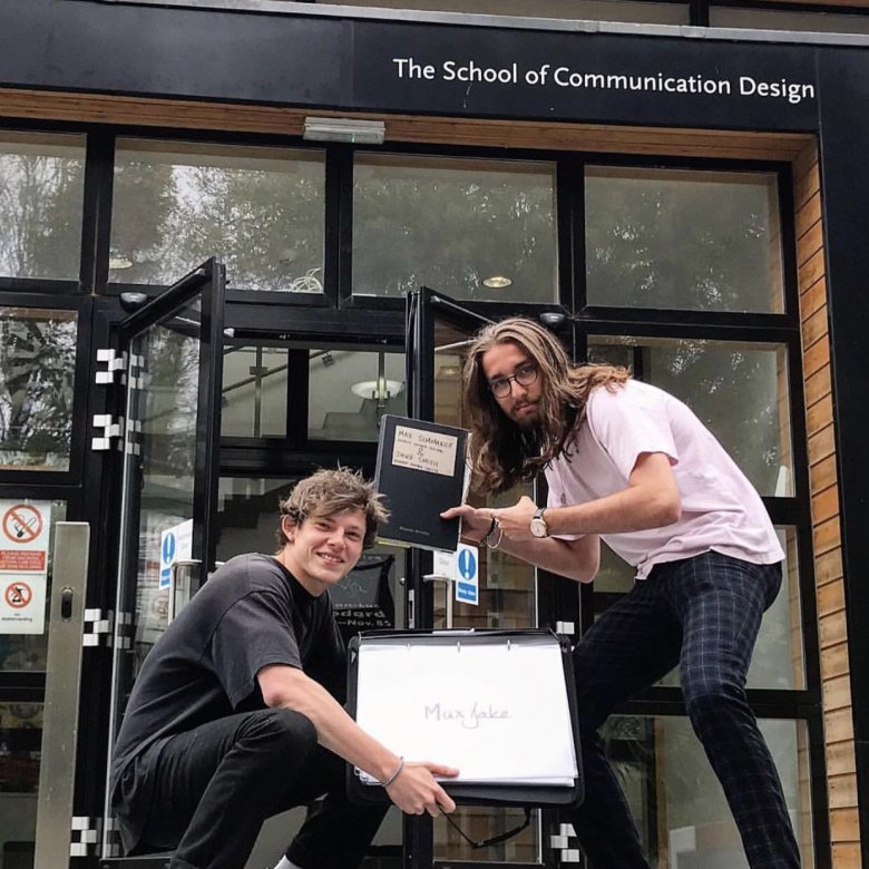 Max and Jake outside the School of Communication