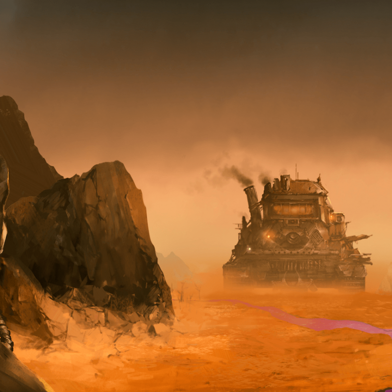 A game art still of a large tank in a rocky desert