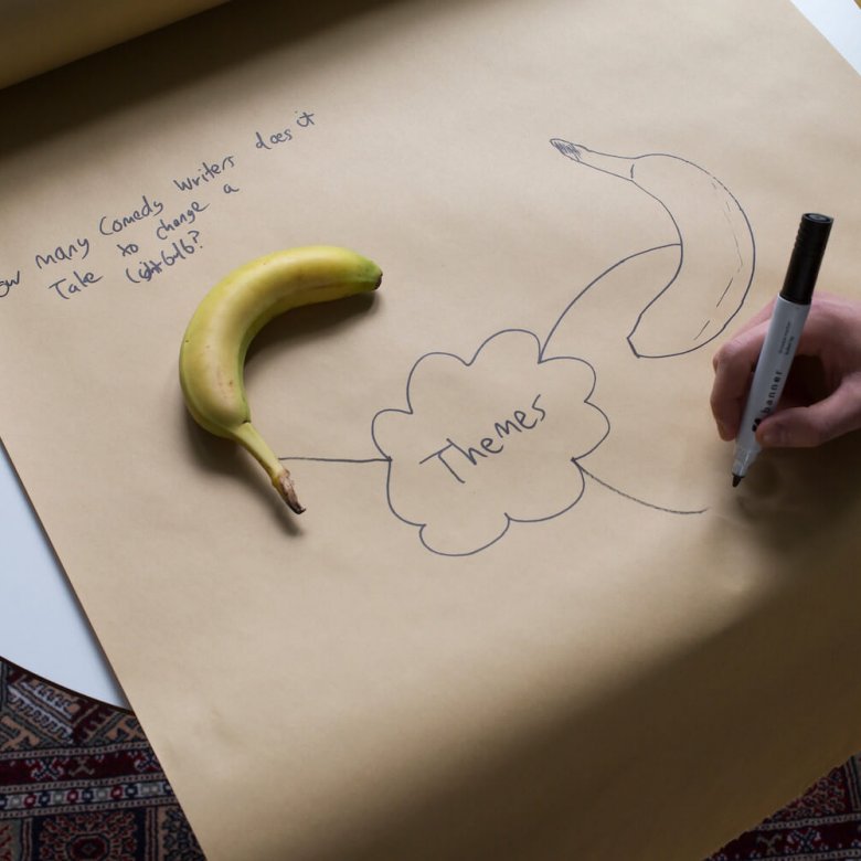 A large brown roll of paper with themes written in the centre and a banana