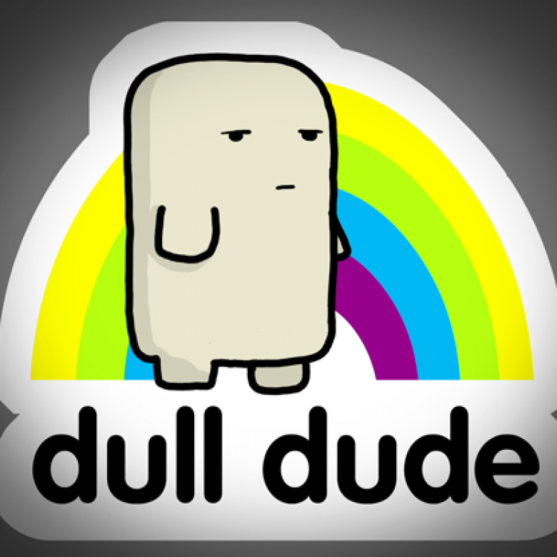 Gaming company character standing in front of a rainbow