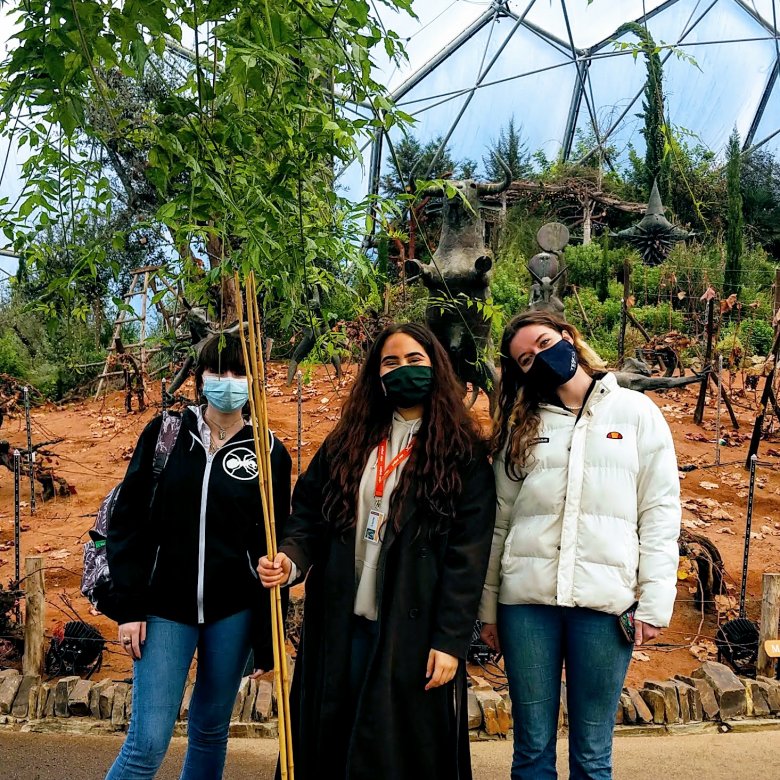 Three students stood together at The Eden Project, Cornwall