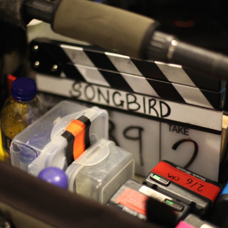 Close up of filming equipment, clapperboard with the word Songbird on it.