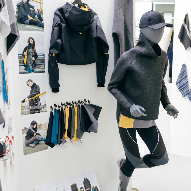 Sportswear designs with a mannequin wearing a baseball cap, jumper and leggins