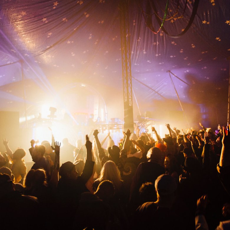 Crowd of people at the Masked Ball, hands waving in the air.