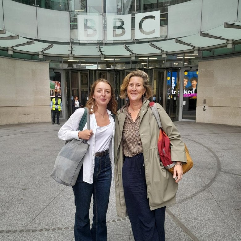 Two Falmouth University students standing outside BBC London
